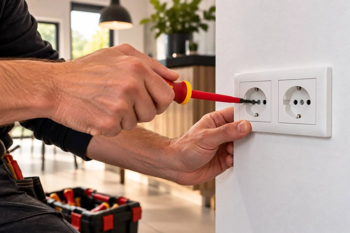 Monteur bevestigt een dubbel stopcontact in de wand