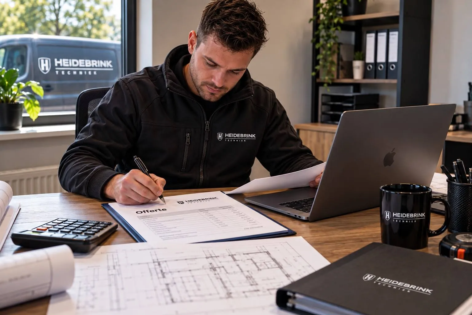 Offerte en bouwtekening op het bureau bij de voorbereiding van een keukenrenovatie