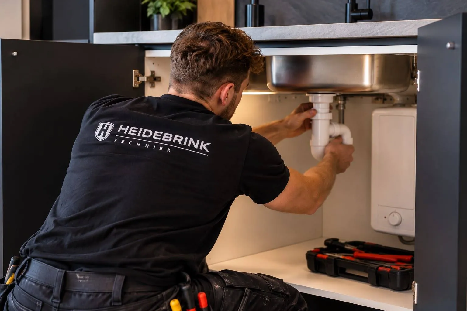 Monteur sluit de afvoer onder een keukenspoelbak aan